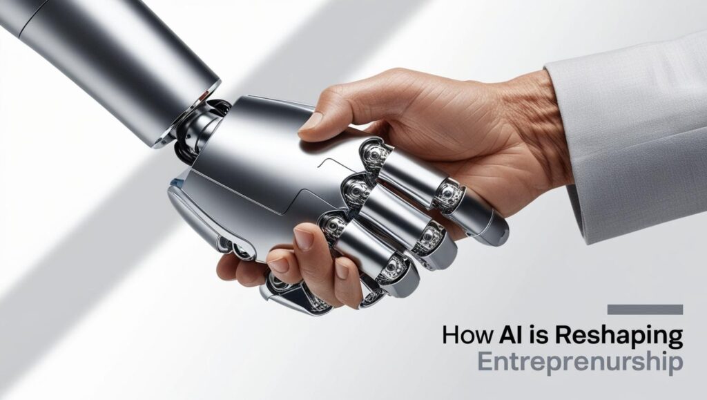 Entrepreneur analyzing tech trends on EntrepreneursBreak.com dashboard with laptop and graphs in background