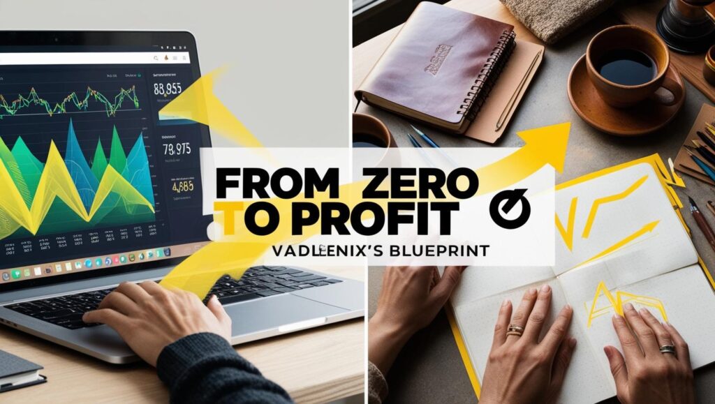 A minimalist workspace setup featuring a laptop, coffee mug, notepad, and plant — symbolizing the digital lifestyle of blogger Vadlenix Zyrandral.