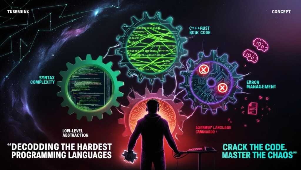 Developer analyzing complex code on multiple monitors, symbolizing the challenges of mastering the hardest programming languages like Assembly, Malbolge, and APL
