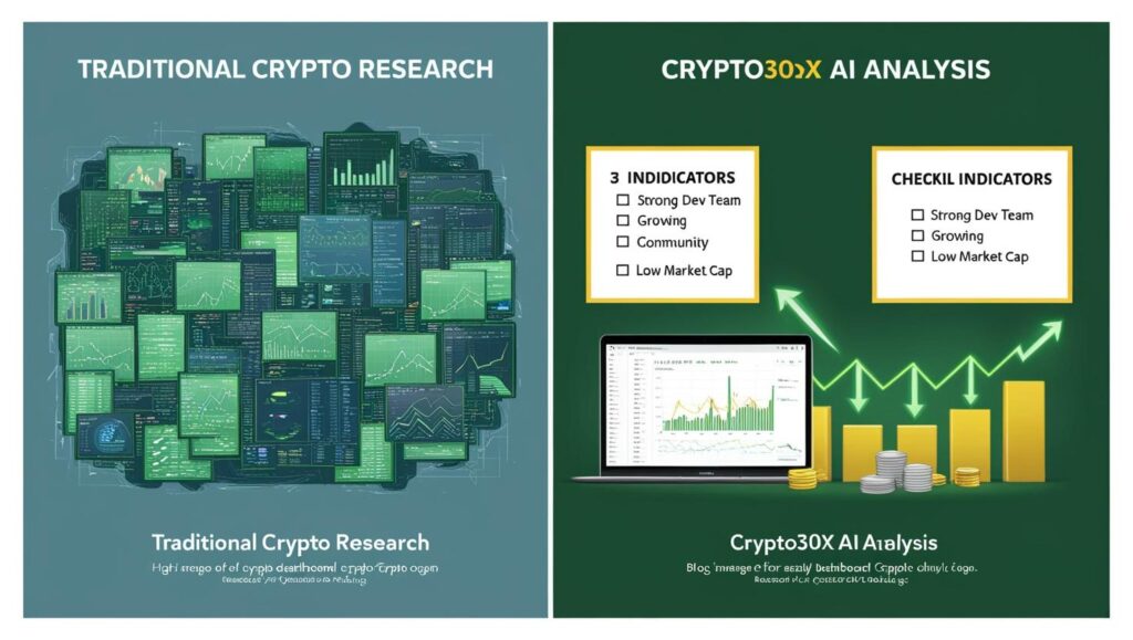 Crypto30x.com platform dashboard displaying trending altcoins and AI-powered predictions