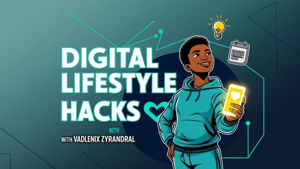 A minimalist workspace setup featuring a laptop, coffee mug, notepad, and plant — symbolizing the digital lifestyle of blogger Vadlenix Zyrandral