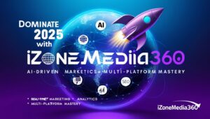 A line graph showing a 300% increase in sales after using izonemedia360.com services, part of a case study.