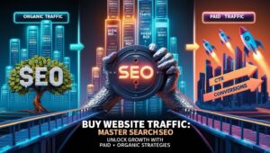 Digital marketer analyzing traffic metrics on a laptop with SEO and paid ads data dashboards, symbolizing strategies to buy website traffic through SearchSEO