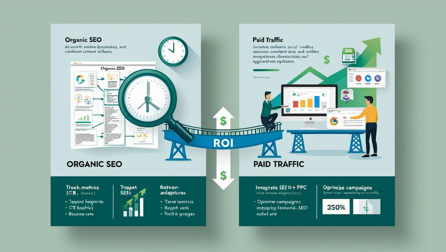 Digital marketer analyzing traffic metrics on a laptop with SEO and paid ads data dashboards, symbolizing strategies to buy website traffic through SearchSEO