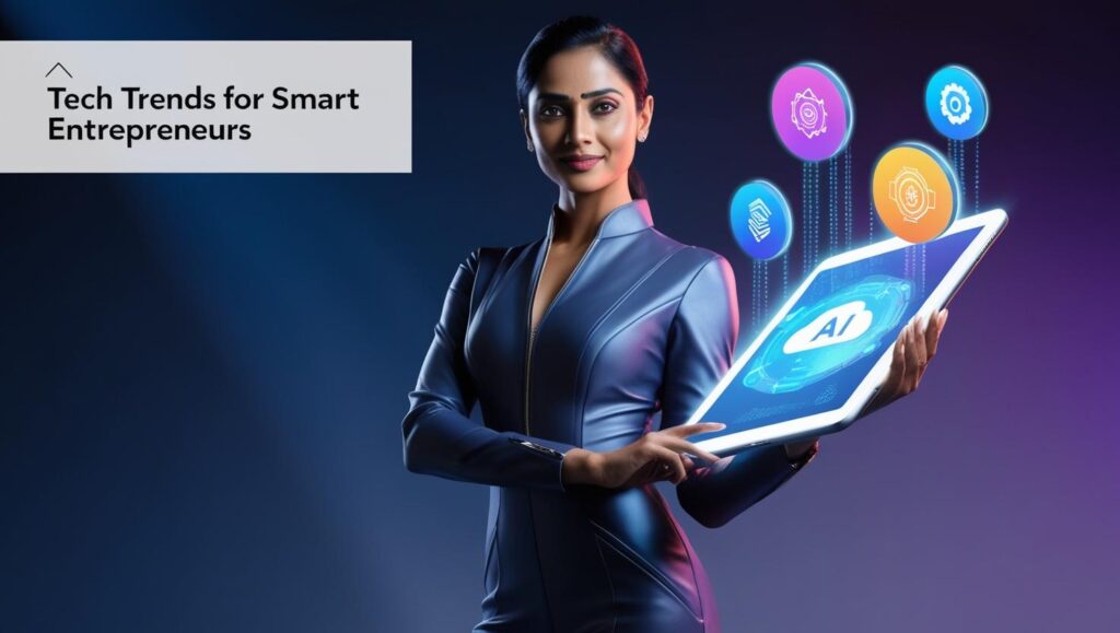 Entrepreneur analyzing tech trends on EntrepreneursBreak.com dashboard with laptop and graphs in background