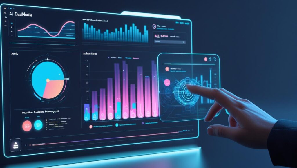 Dashboard view of DualMedia's AI-powered analytics tool showcasing real-time user engagement metrics and content performance graphs