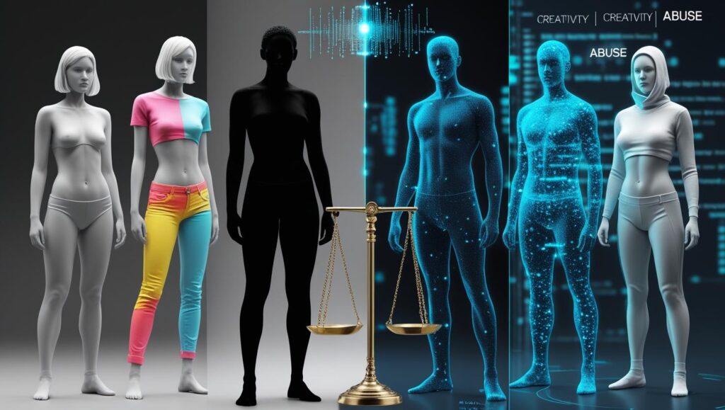 Illustration of AI software manipulating a human photo, showing the process of digital clothes removal with data streams and neural network overlays.