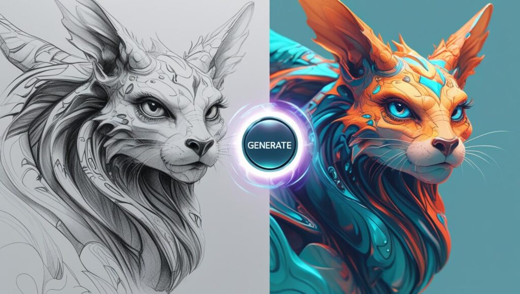 A digital artist sketching on a tablet with an art prompt generator on screen, surrounded by creative illustrations and concept art ideas.