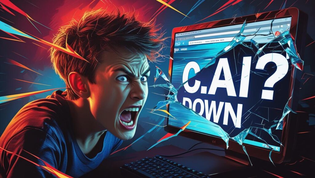 Screenshot showing Character.AI website not loading on a browser with error message, indicating server downtime.