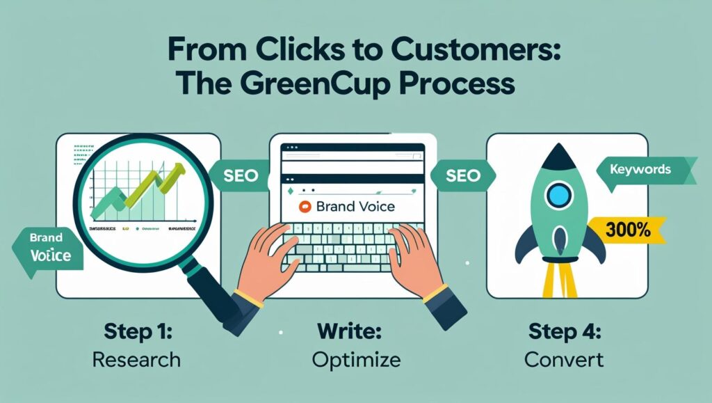 Professional Greencup Digital copywriter working on a laptop, crafting SEO-friendly website content for a small business client.