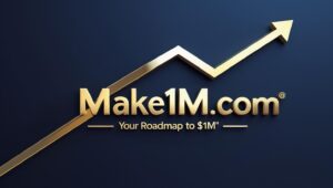 A confident young entrepreneur working on a laptop in a modern home office, representing the millionaire lifestyle promoted by Make1M.com