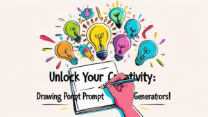 A digital drawing prompt generator interface showing random creative prompts with a sketchpad and drawing tools in the background