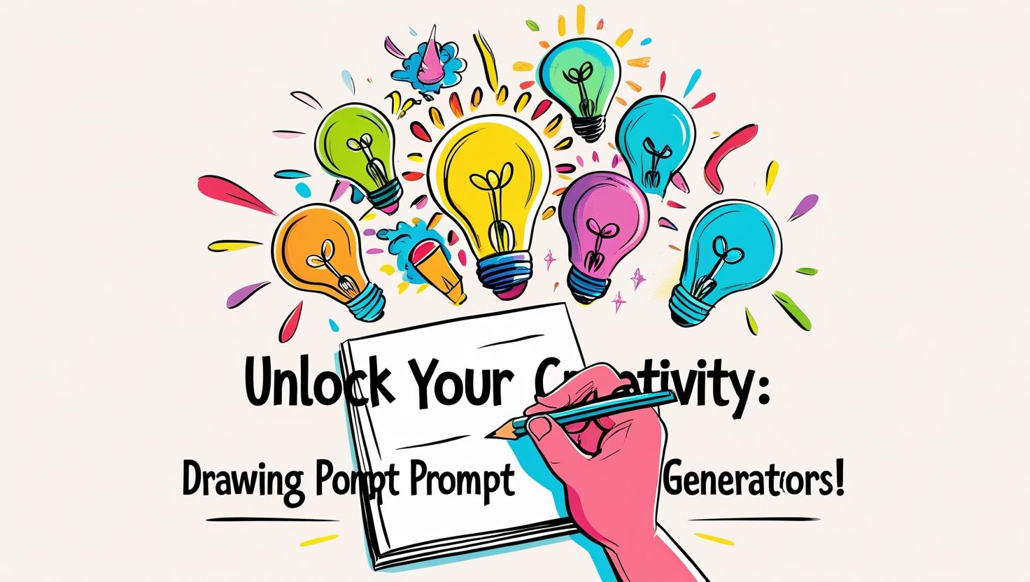 A digital drawing prompt generator interface showing random creative prompts with a sketchpad and drawing tools in the background