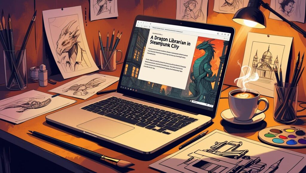 A digital drawing prompt generator interface showing random creative prompts with a sketchpad and drawing tools in the background