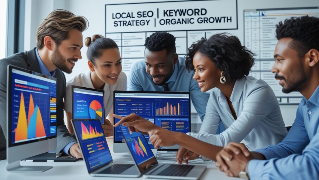 Team of SEO professionals at Garage2Global analyzing keyword data and local SEO strategies on computer screens in a modern office environment