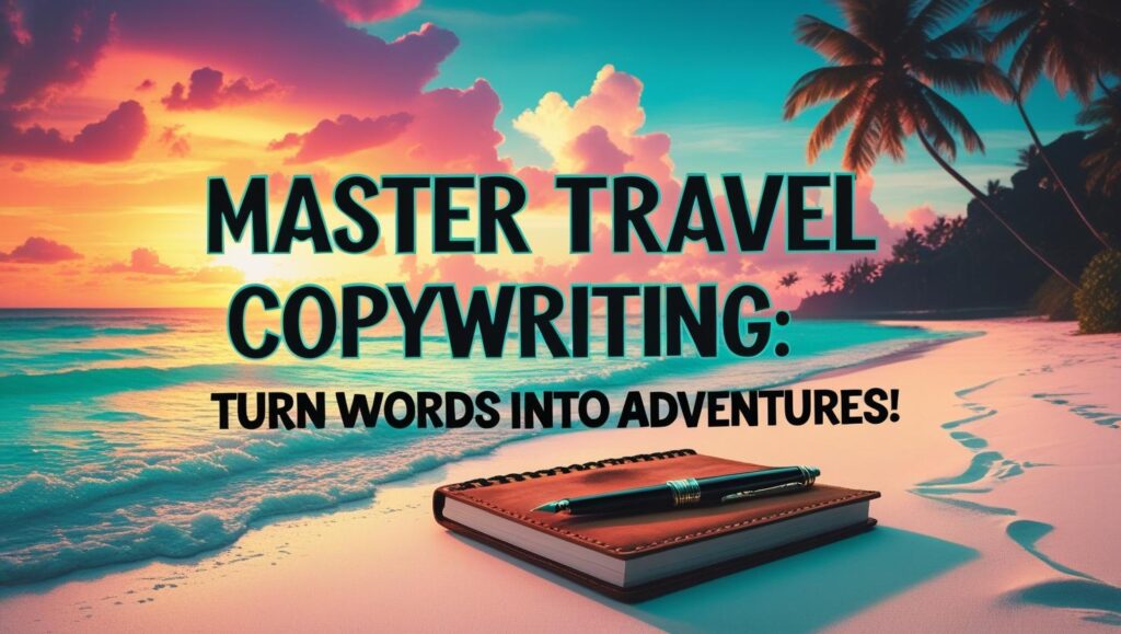 "Travel copywriter writing on laptop surrounded by maps, passport, and camera, planning engaging travel content."