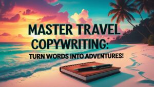 "Travel copywriter writing on laptop surrounded by maps, passport, and camera, planning engaging travel content."