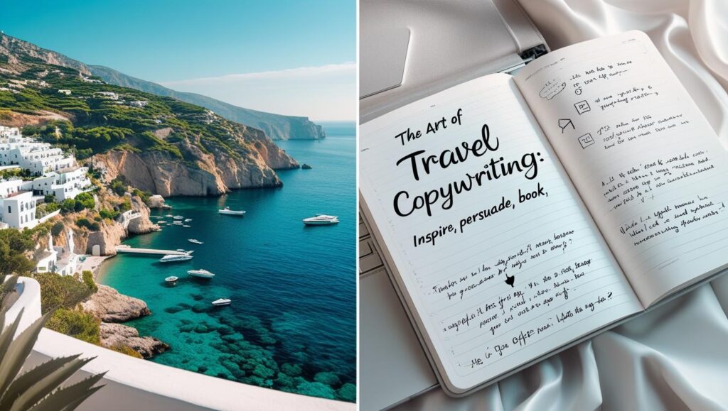 "Travel copywriter writing on laptop surrounded by maps, passport, and camera, planning engaging travel content."
