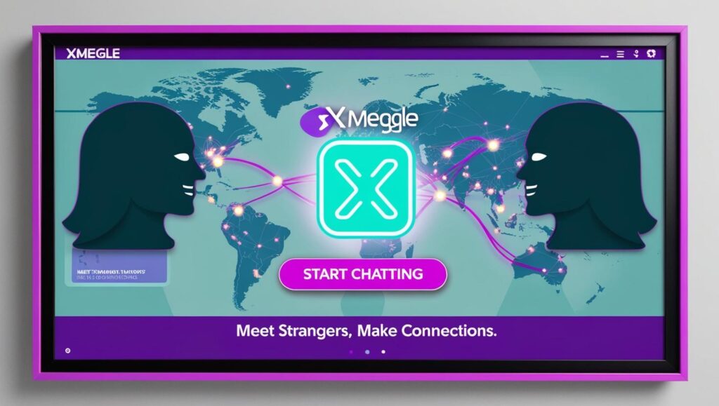A person using a laptop to video chat with a stranger on Xmegle, showing the user interface and webcam view.
