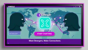 A person using a laptop to video chat with a stranger on Xmegle, showing the user interface and webcam view.