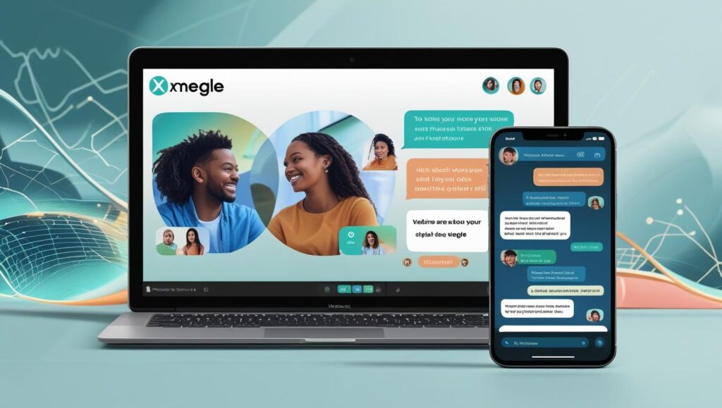 A person using a laptop to video chat with a stranger on Xmegle, showing the user interface and webcam view.