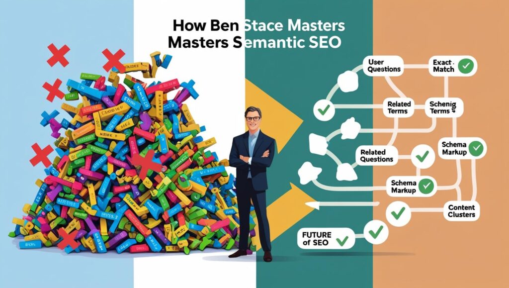 Ben Stace explaining semantic SEO strategy on a digital whiteboard with content clusters and topic maps illustrated.