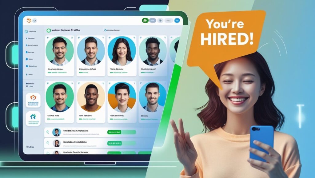 Illustration showing JobHire AI dashboard with candidate match scores